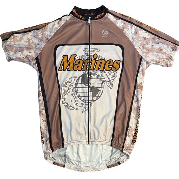 US Marines Canari Men’s Eagle Anchor Globe Full Zip Cycling Jersey Camo Tan Sz L - Picture 1 of 9